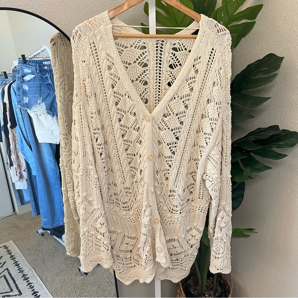 ✨ Boho Crochet Open Knit Cream Cardigan Sz 2X | 100% Cotton